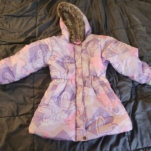 Girls Pink & Lavender Heart Winter Coat with Faux Fur Hood
